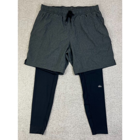 ALO Yoga Stability 2-in-1 Tights Shorts Men's XL Gray Black Zip Pocket Made USA